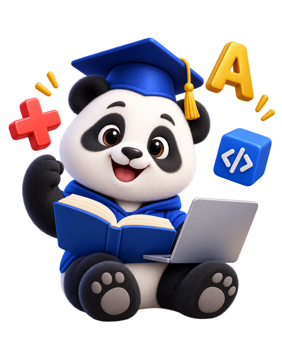 Friendly panda student learning with a book and laptop