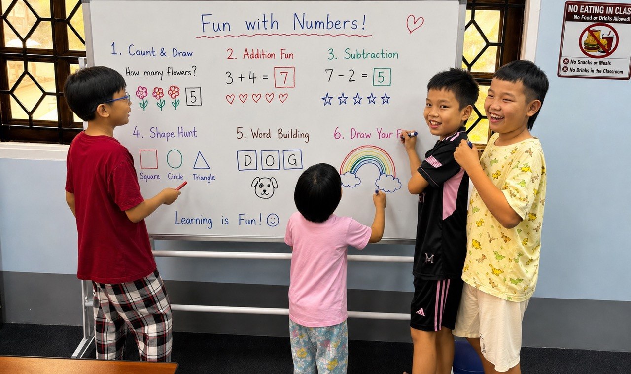 PhyoMauk students learning numbers together at a classroom whiteboard